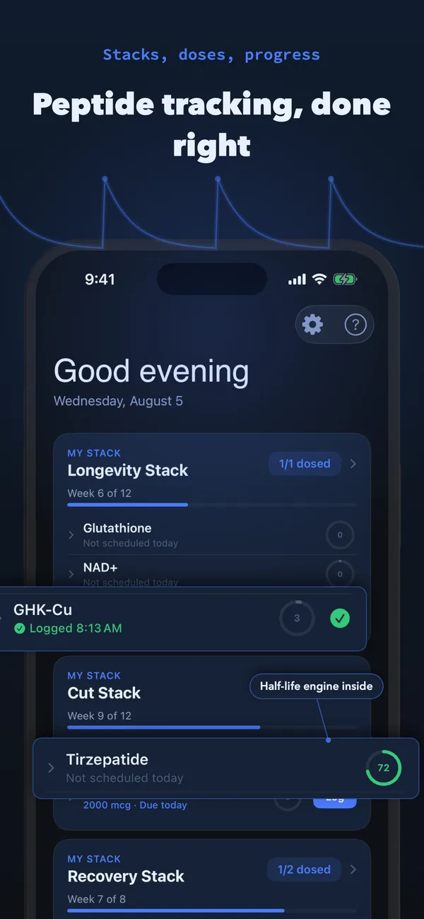 Peptide tracking, done right — PepStak home screen with Longevity, Cut, and Recovery stacks and a half-life engine inside