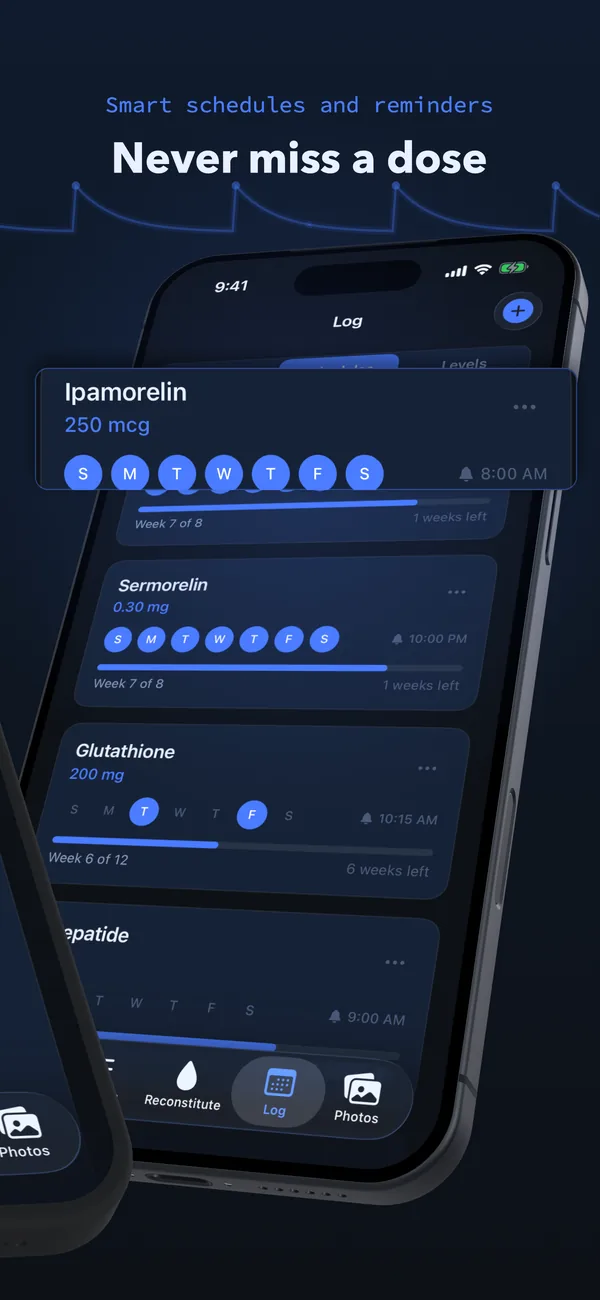 Never miss a dose — smart schedules and reminders for every peptide in your stack