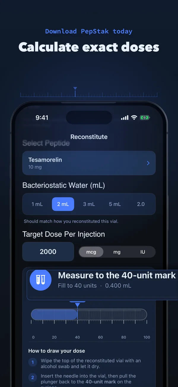 Calculate exact doses — reconstitution screen telling you to measure to the 40-unit mark