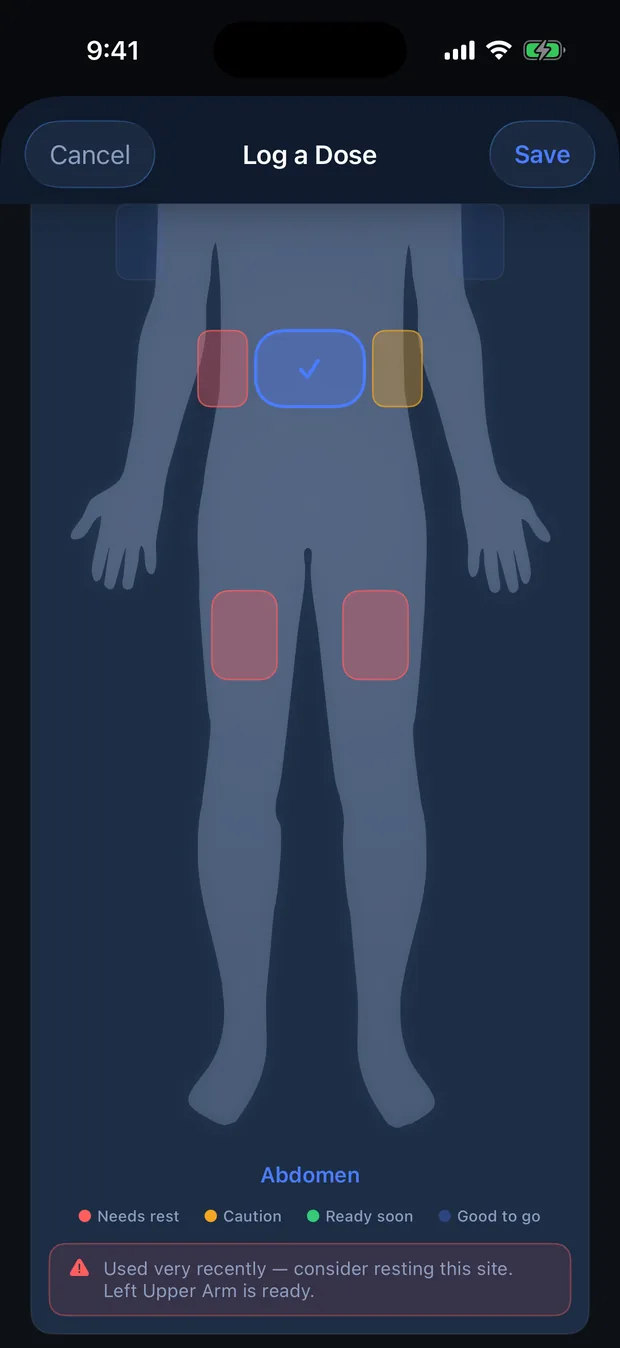 PepStak injection site body map with color-coded recovery states and a rest warning