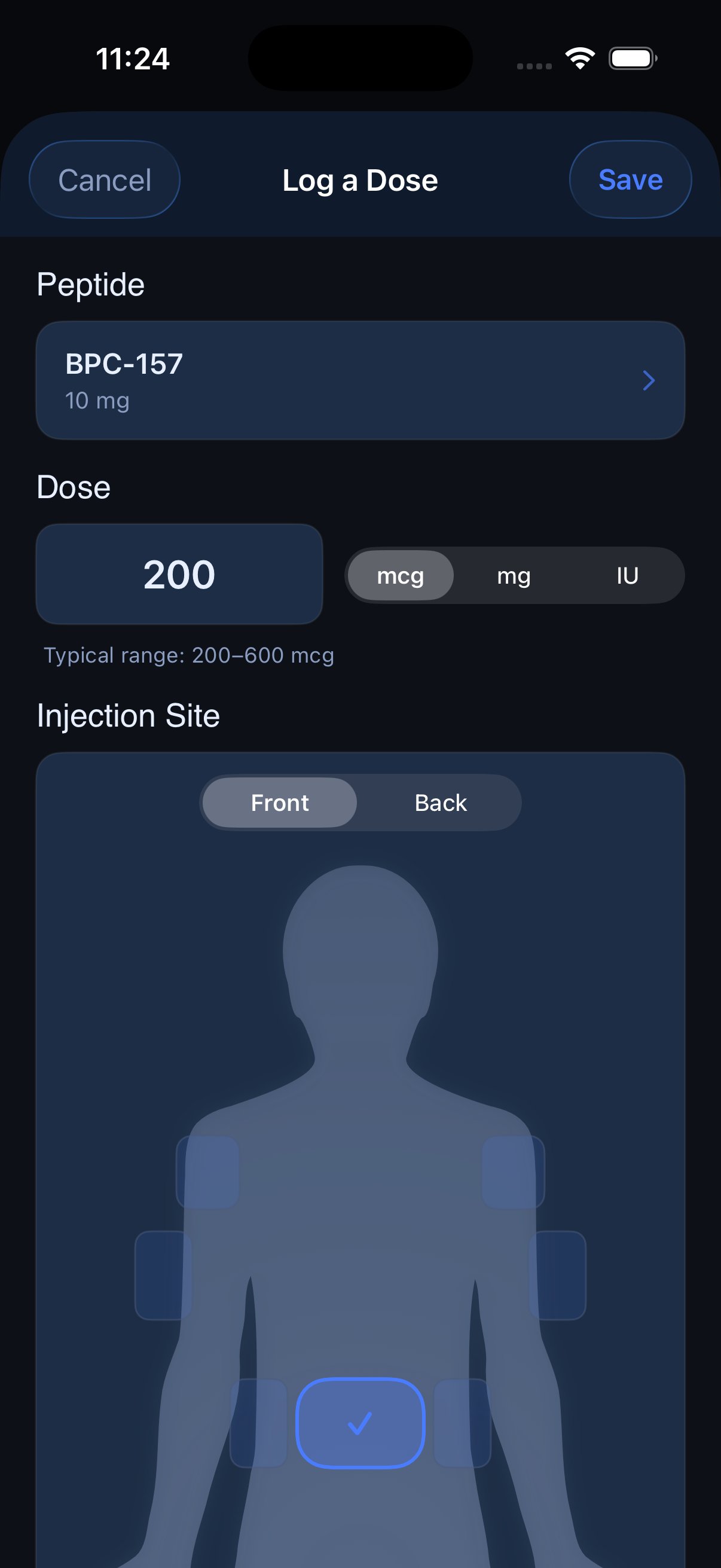 PepStak dose logging screen showing BPC-157 dose entry with injection site body map