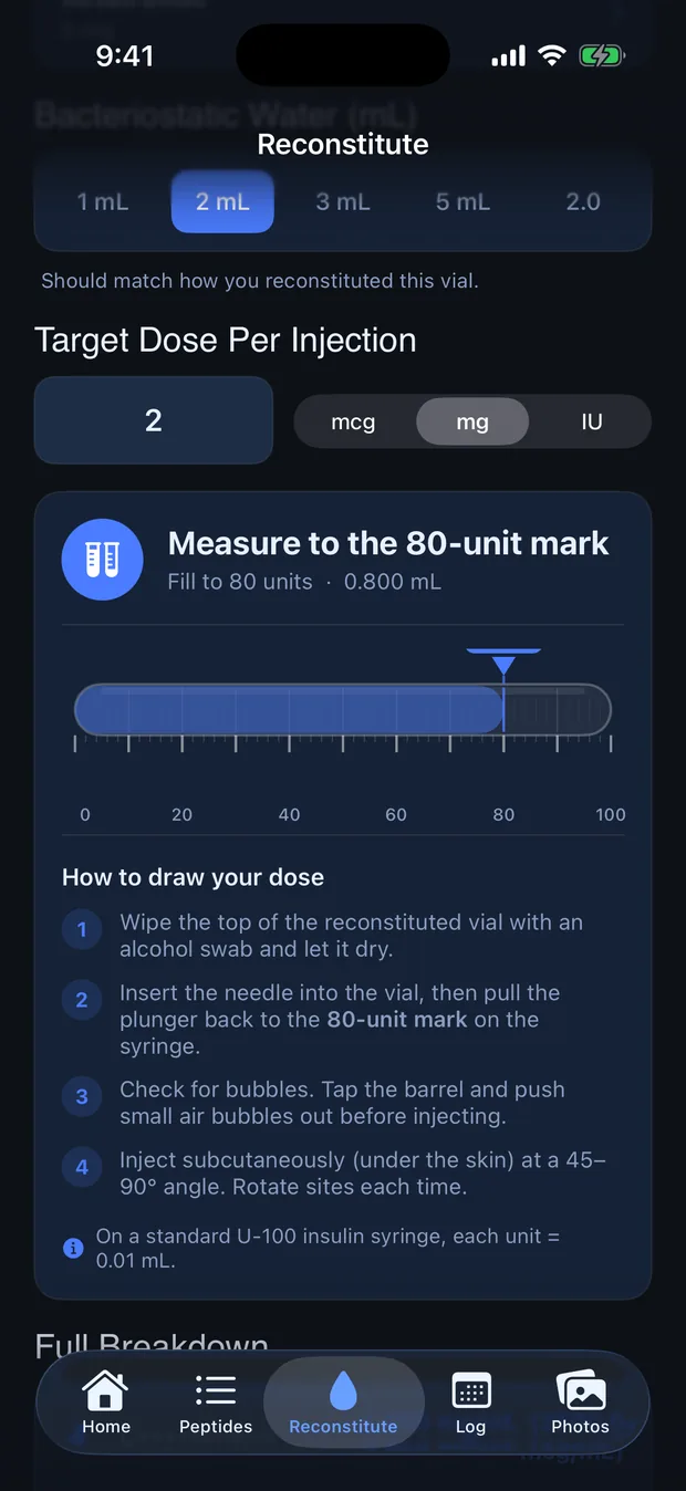 PepStak dose helper showing a U-100 syringe filled to the 80-unit mark with step-by-step draw instructions