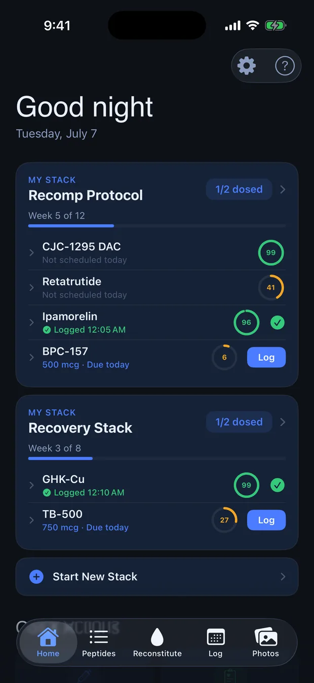 PepStak home screen running two stacks with adherence rings and one-tap dose logging