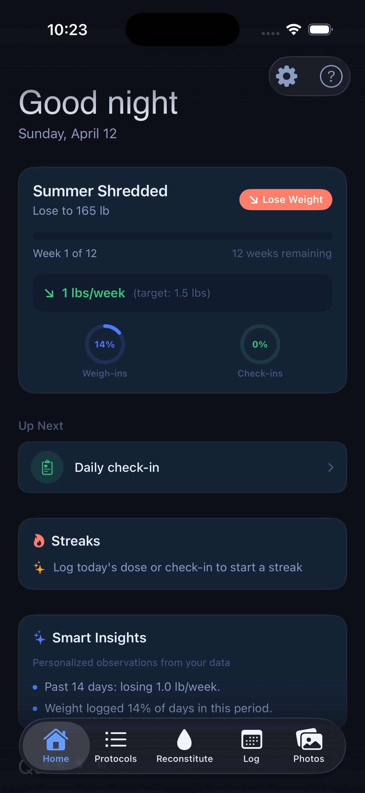 PepStak home dashboard showing protocol tracking, streaks, and smart insights
