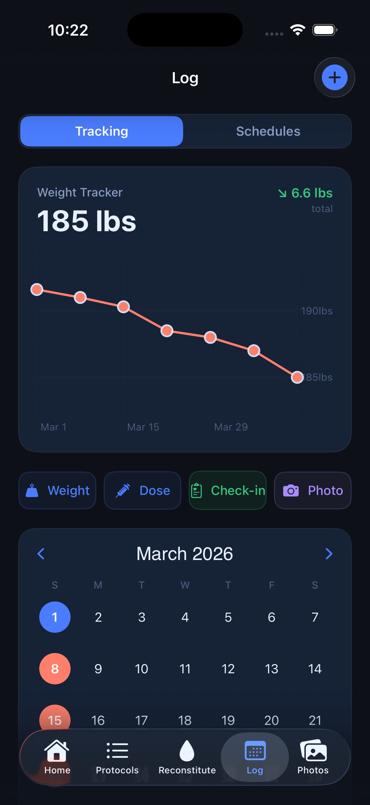 PepStak log tab showing weight tracking chart with downward trend and calendar view