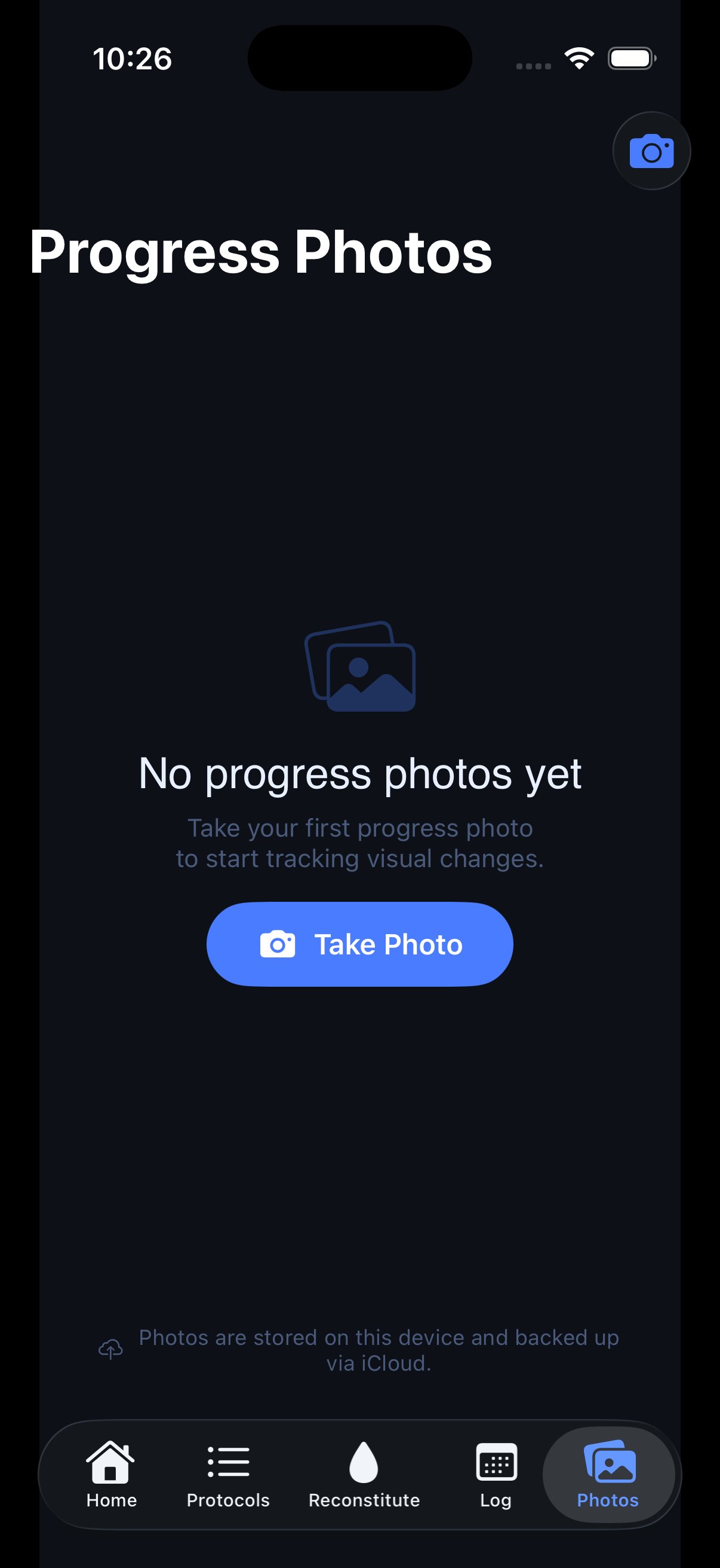 PepStak progress photos tab for tracking visual body composition changes