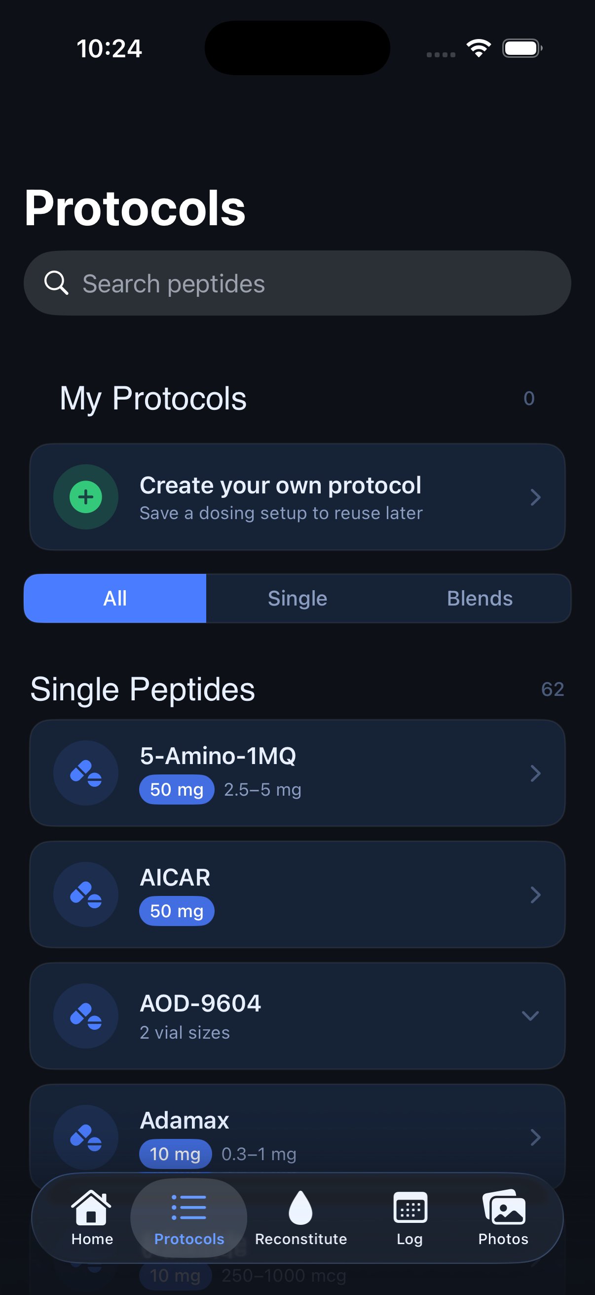 PepStak protocols tab showing searchable peptide database with 62 single peptides