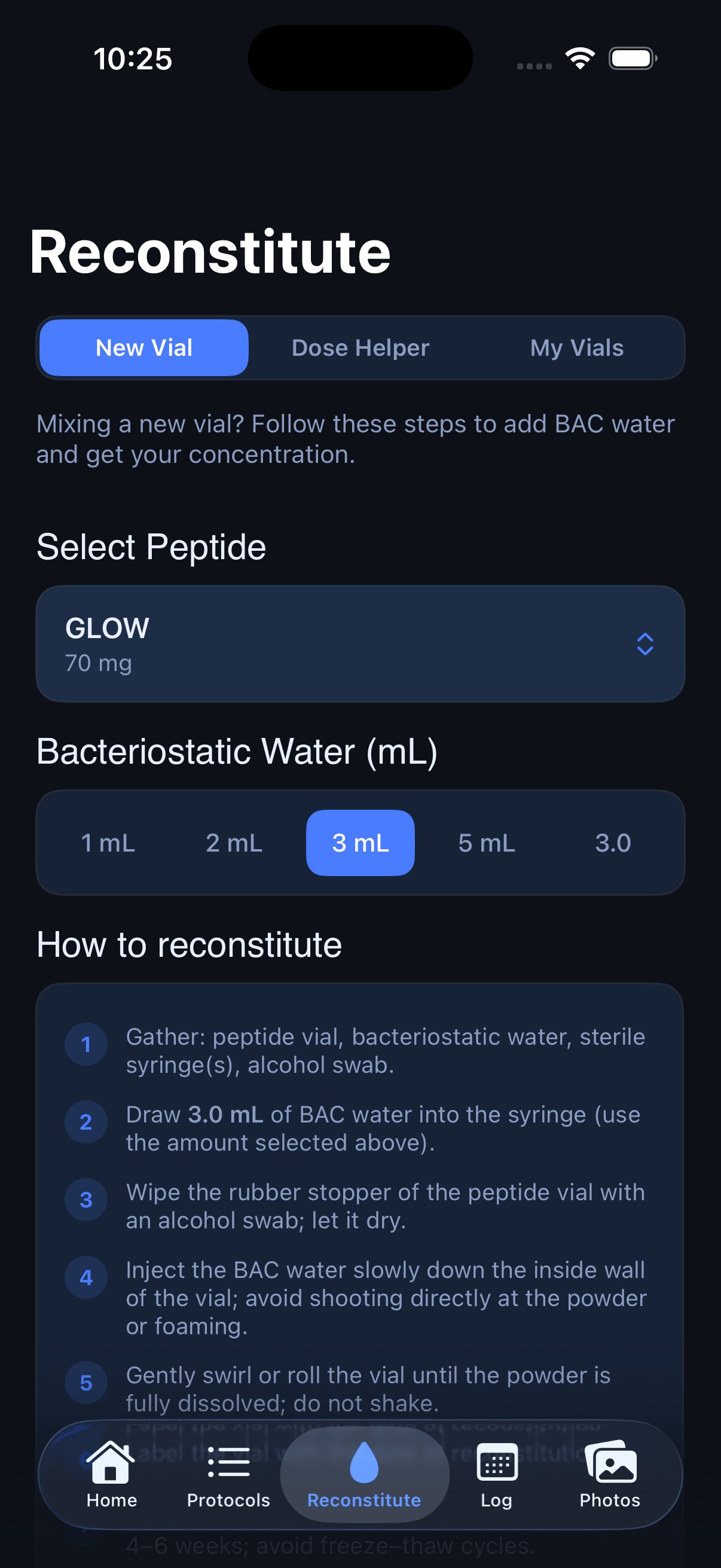 PepStak reconstitution calculator showing peptide selection and step-by-step mixing instructions